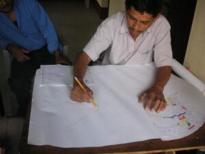 Village leader Victor draws a village map, Llano Largo, Guatemala